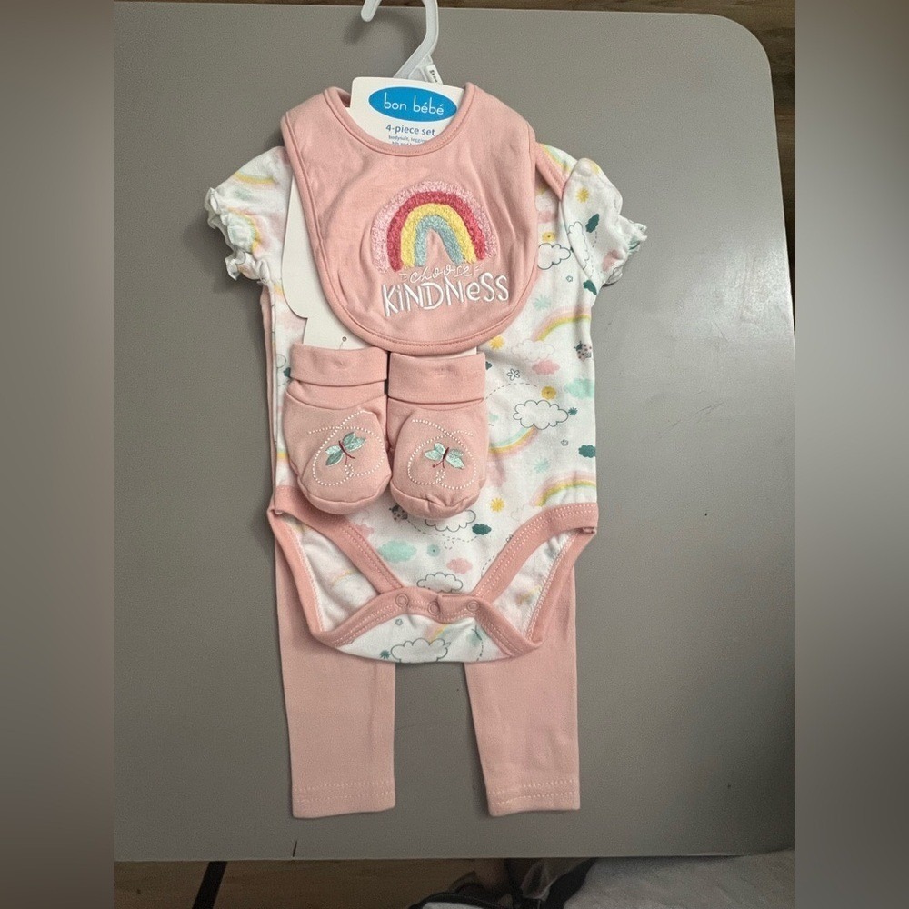 Bon Bebe 4-Piece Set Rainbow Bodysuit Leggings Bib Booties Pink Girl 3-6 Months